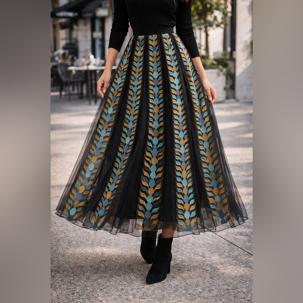LM Lulu Designer Embroidered Tulle Skirt Black Teal Gold